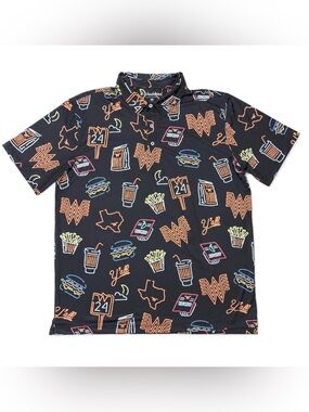 NWT CHUBBIES BLACK NEON GRAPHIC WHATABURGER LOGO PERFORMANCE POLO SHIRT SZ S